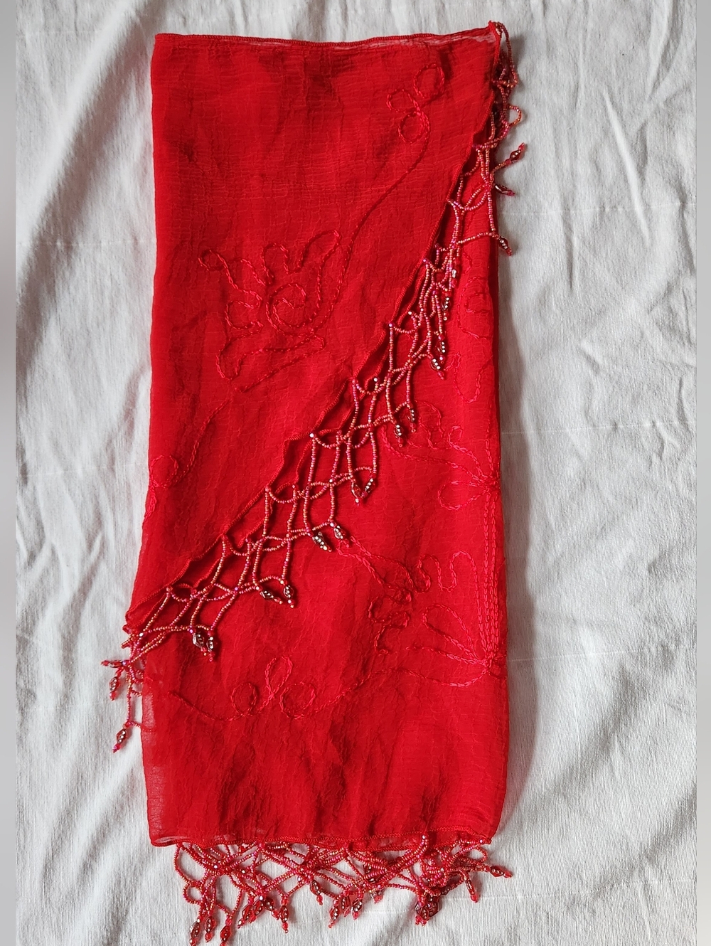 Red Embroidery And Beaded Fringe Scarf